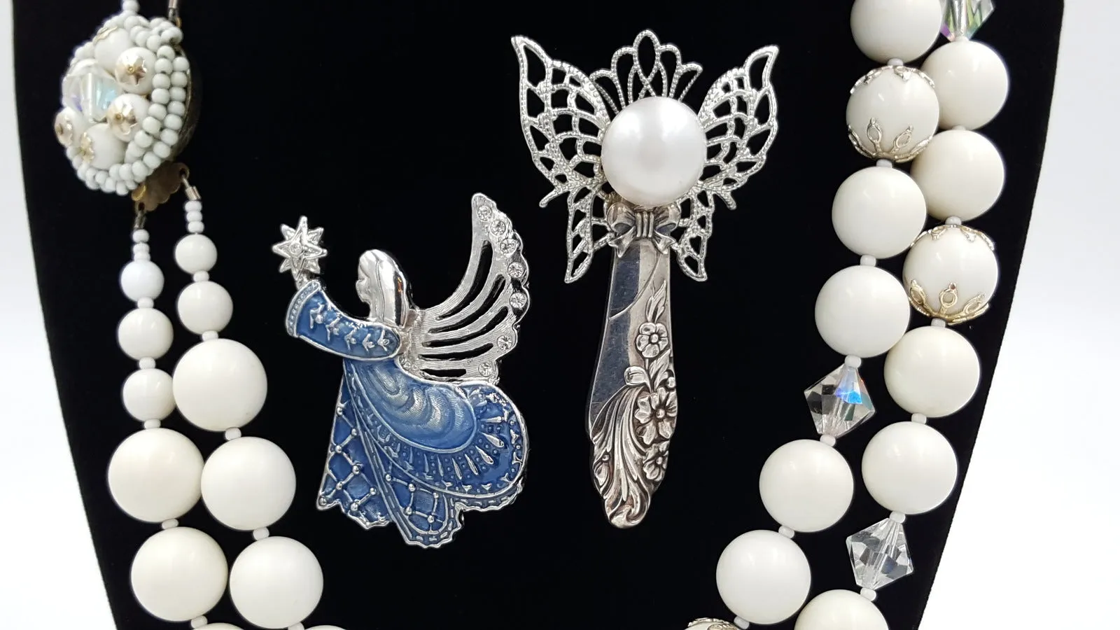 Vintage Jewelry Lot Monet Angel Brooch White Beaded Necklace Artisan Angel Pin