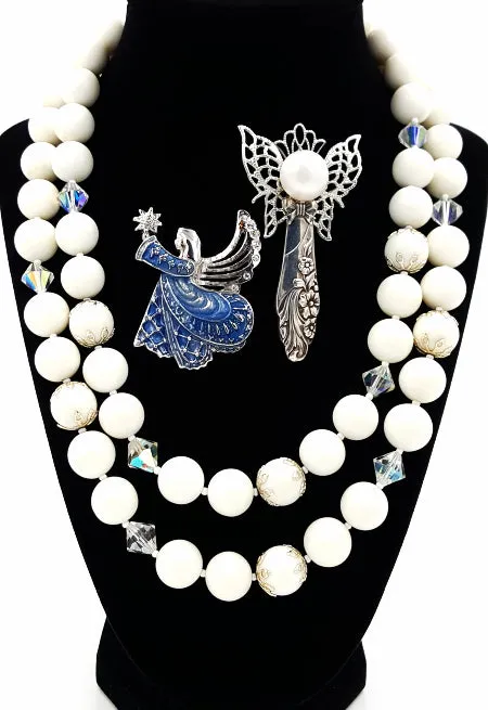 Vintage Jewelry Lot Monet Angel Brooch White Beaded Necklace Artisan Angel Pin