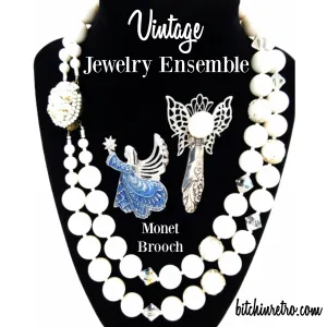 Vintage Jewelry Lot Monet Angel Brooch White Beaded Necklace Artisan Angel Pin