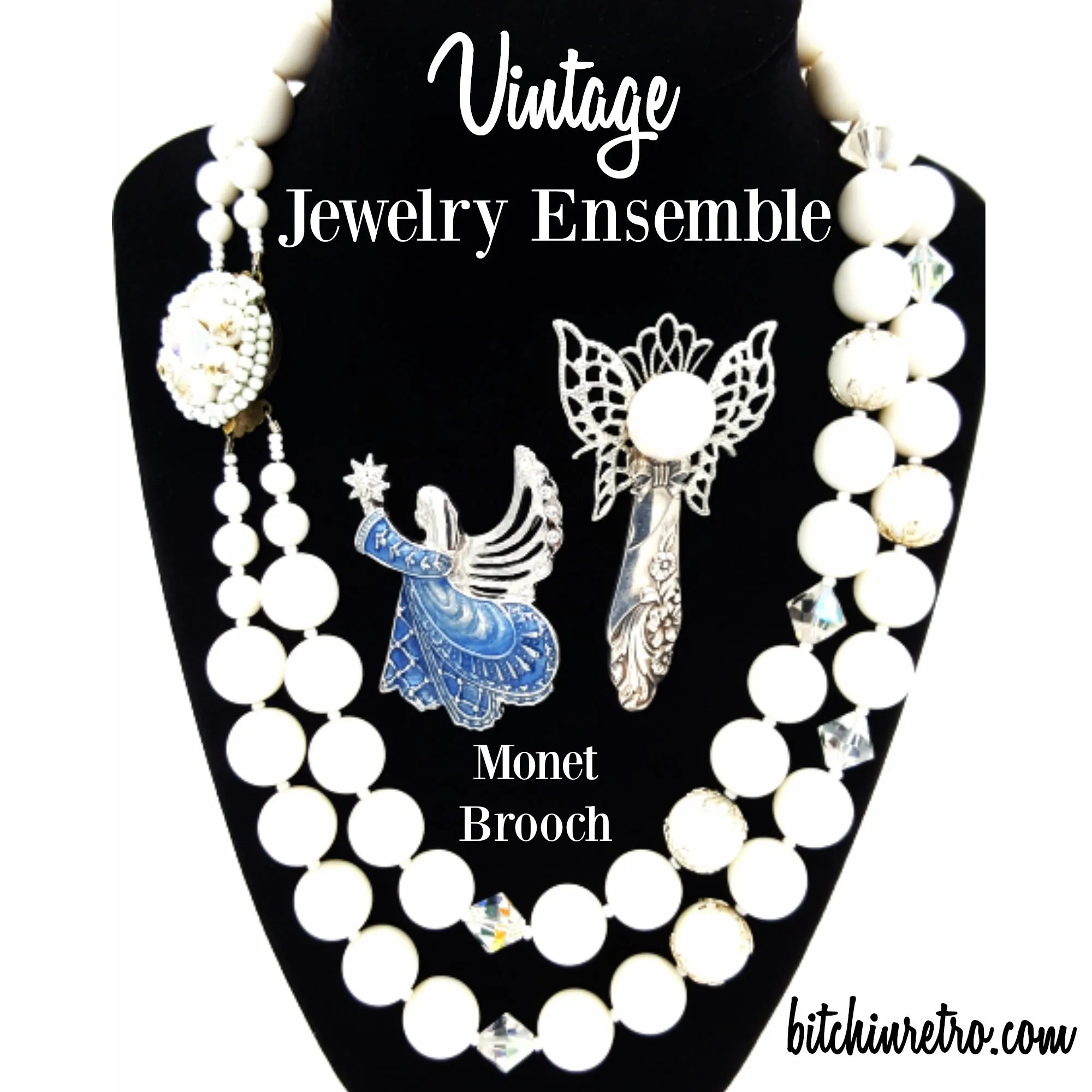 Vintage Jewelry Lot Monet Angel Brooch White Beaded Necklace Artisan Angel Pin
