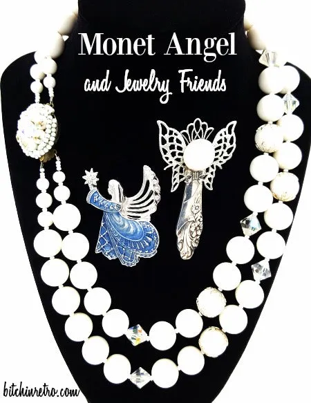 Vintage Jewelry Lot Monet Angel Brooch White Beaded Necklace Artisan Angel Pin