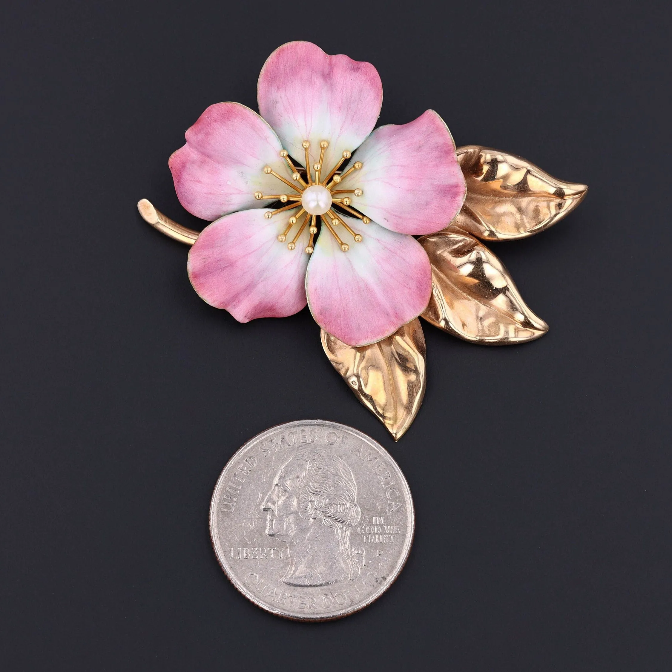Vintage Pink Enamel Flower Brooch of 14k Gold by A.J. Hedges