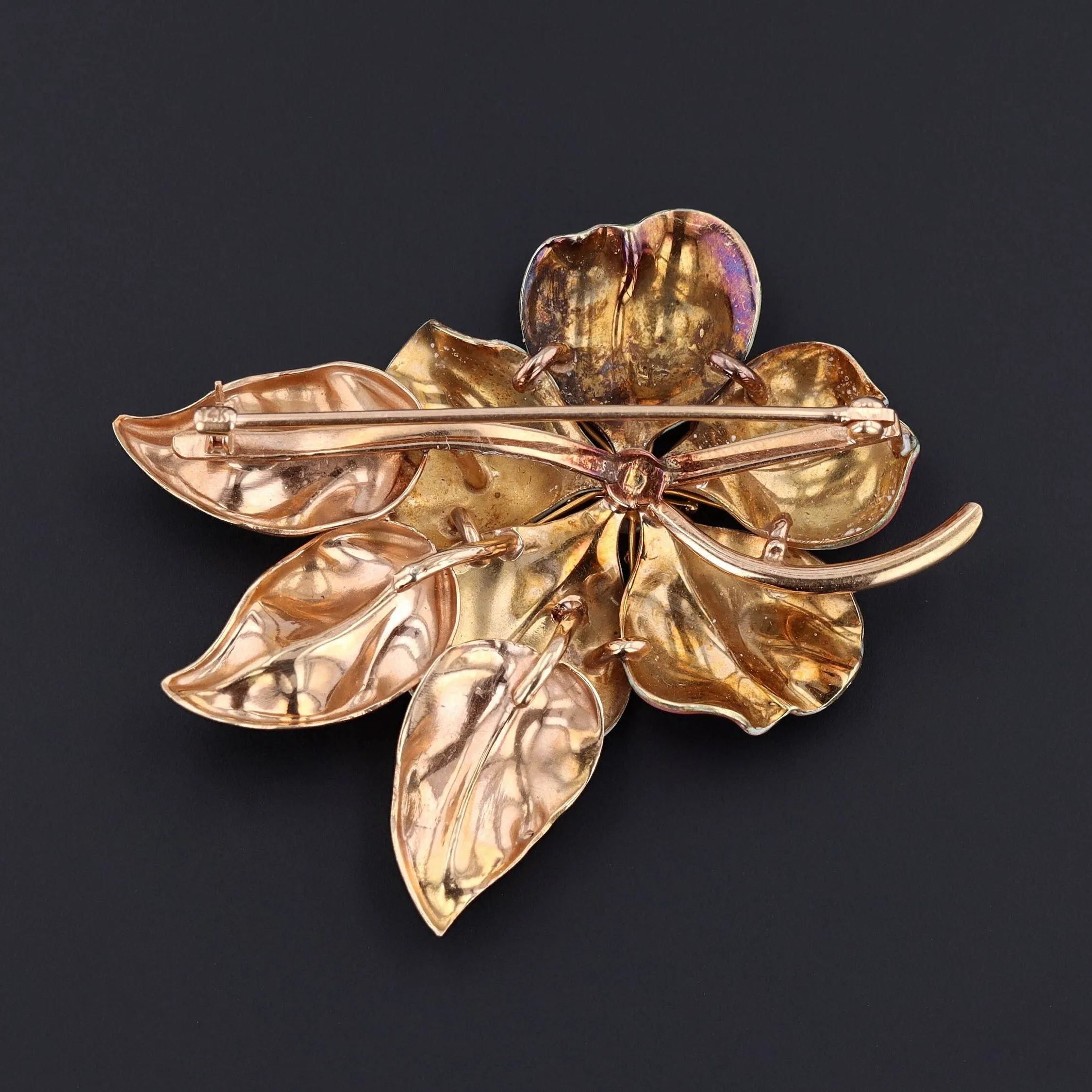 Vintage Pink Enamel Flower Brooch of 14k Gold by A.J. Hedges