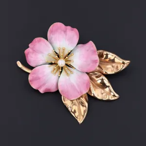 Vintage Pink Enamel Flower Brooch of 14k Gold by A.J. Hedges
