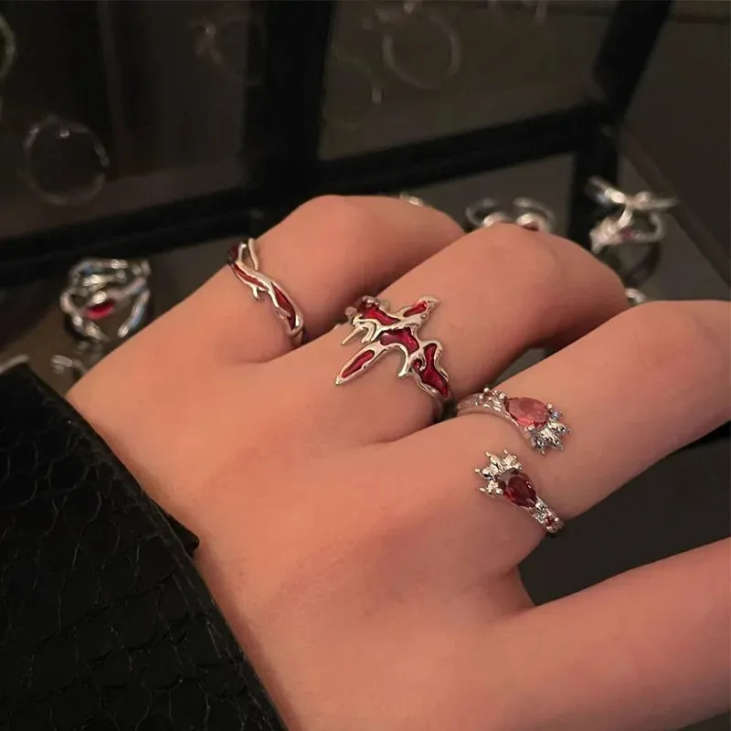Vintage Red Enamel Cross Open Rings For Women Men Punk Hip Hop Irregular Lava Texture Rings Y2K Aesthetic Jewelry