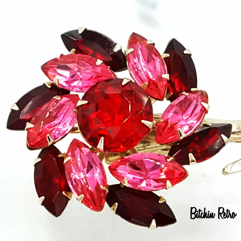 Vintage Rhinestone Flower Brooch Red and Pink Long Stem Floral Pin