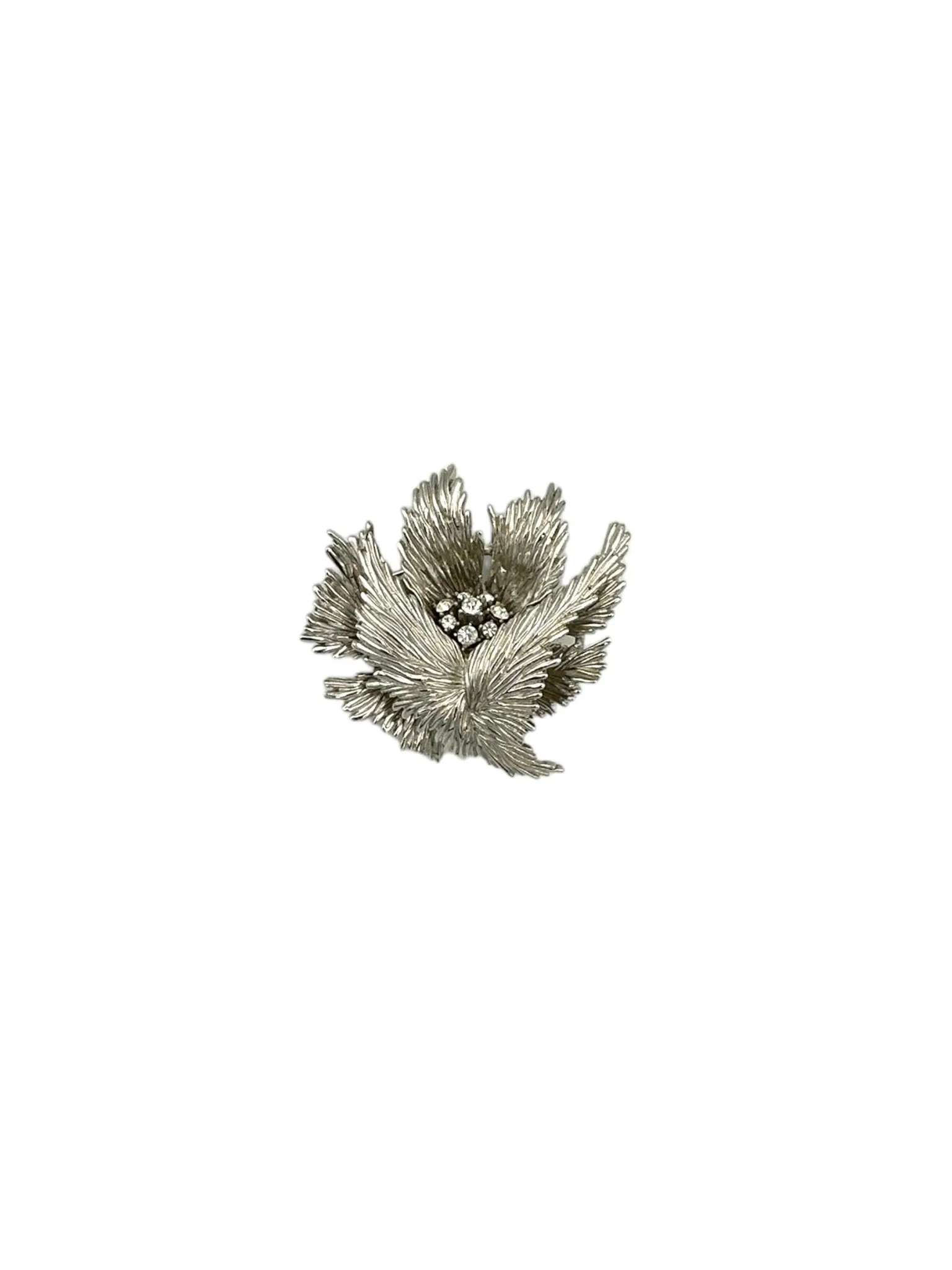Vintage Trifari Classic Silver Texture Floral Rhinestone Brooch
