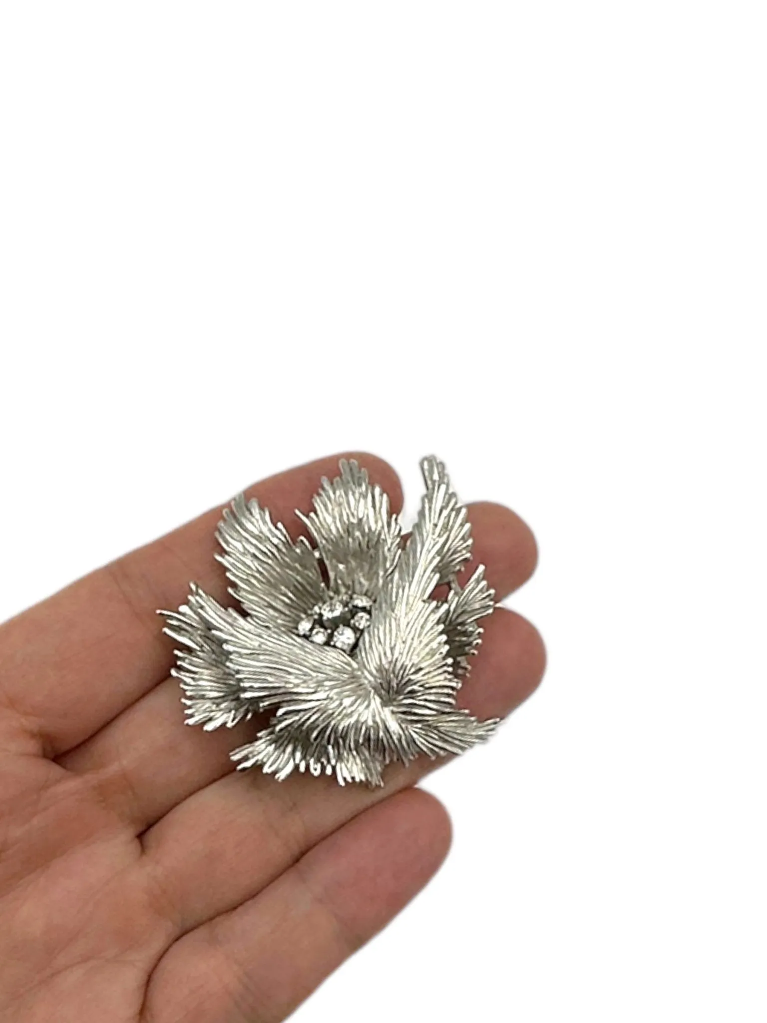 Vintage Trifari Classic Silver Texture Floral Rhinestone Brooch