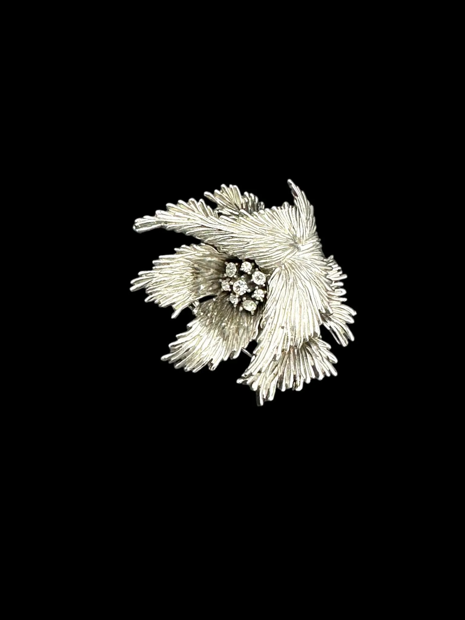 Vintage Trifari Classic Silver Texture Floral Rhinestone Brooch