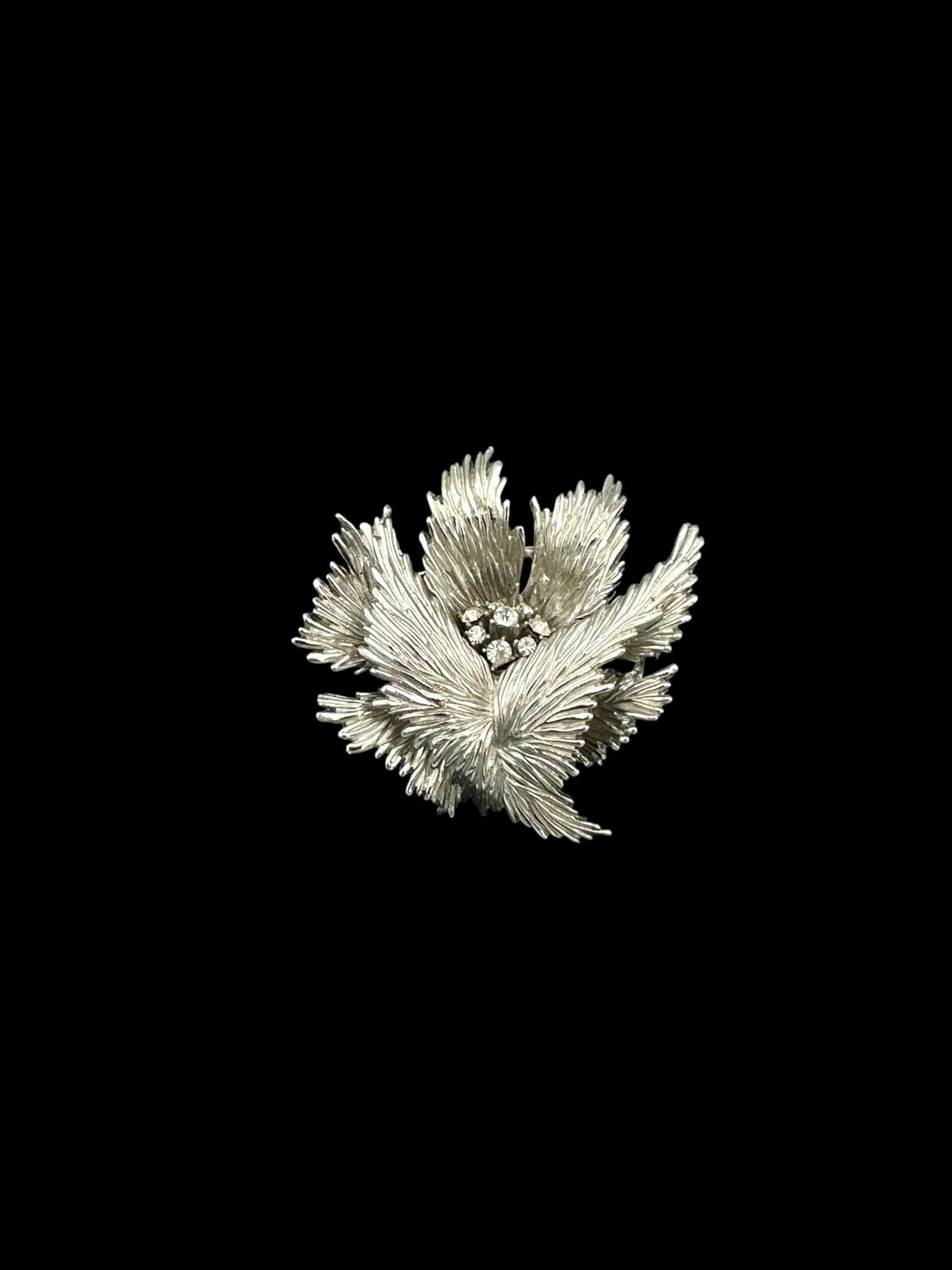 Vintage Trifari Classic Silver Texture Floral Rhinestone Brooch