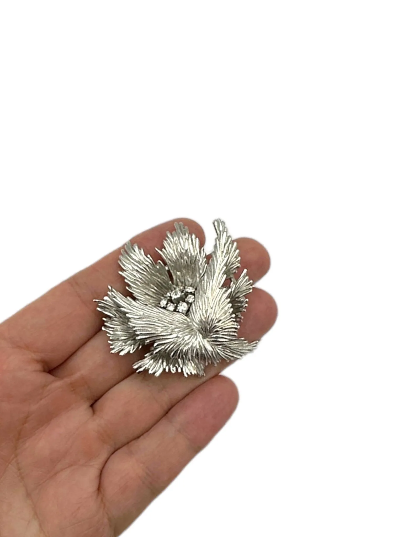 Vintage Trifari Classic Silver Texture Floral Rhinestone Brooch