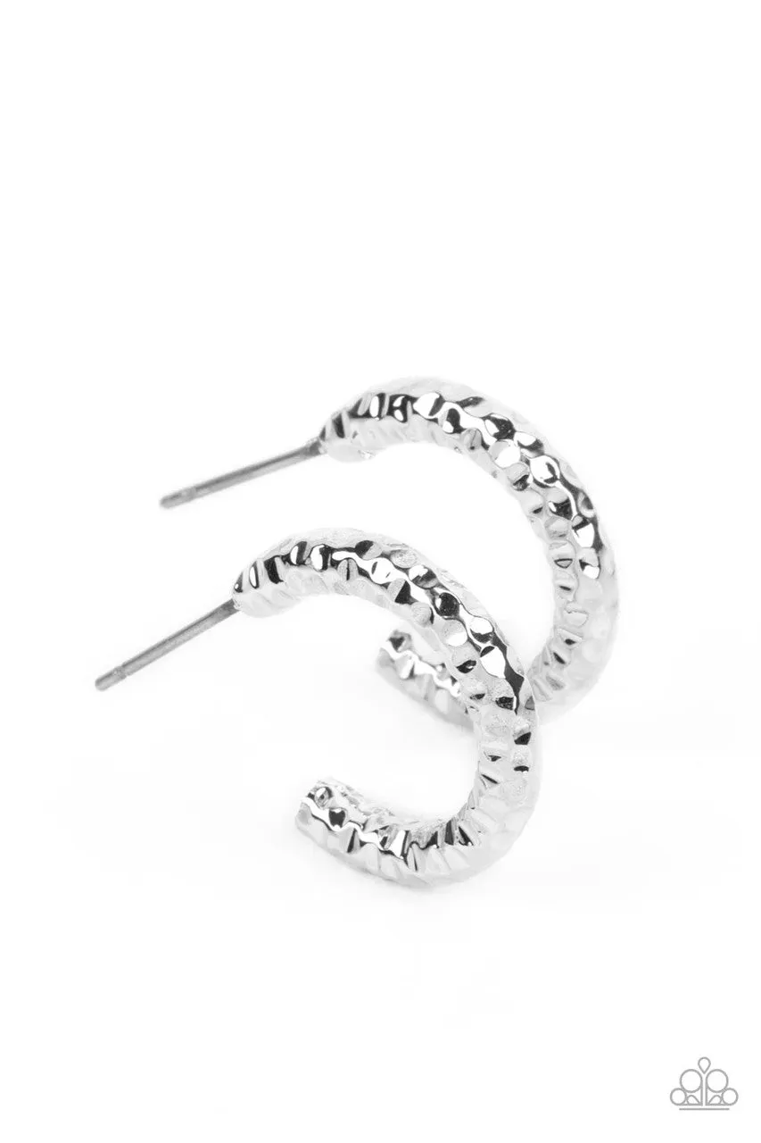 Wandering Wreaths - Silver - Hammered Metal Paparazzi Tiny Hoop Earrings
