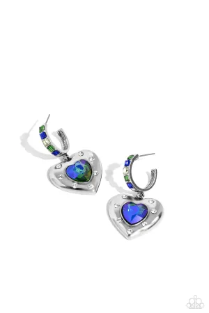 We Are Young - Green - UV Shimmer Heart Gem Paparazzi Drop Hoop Earrings