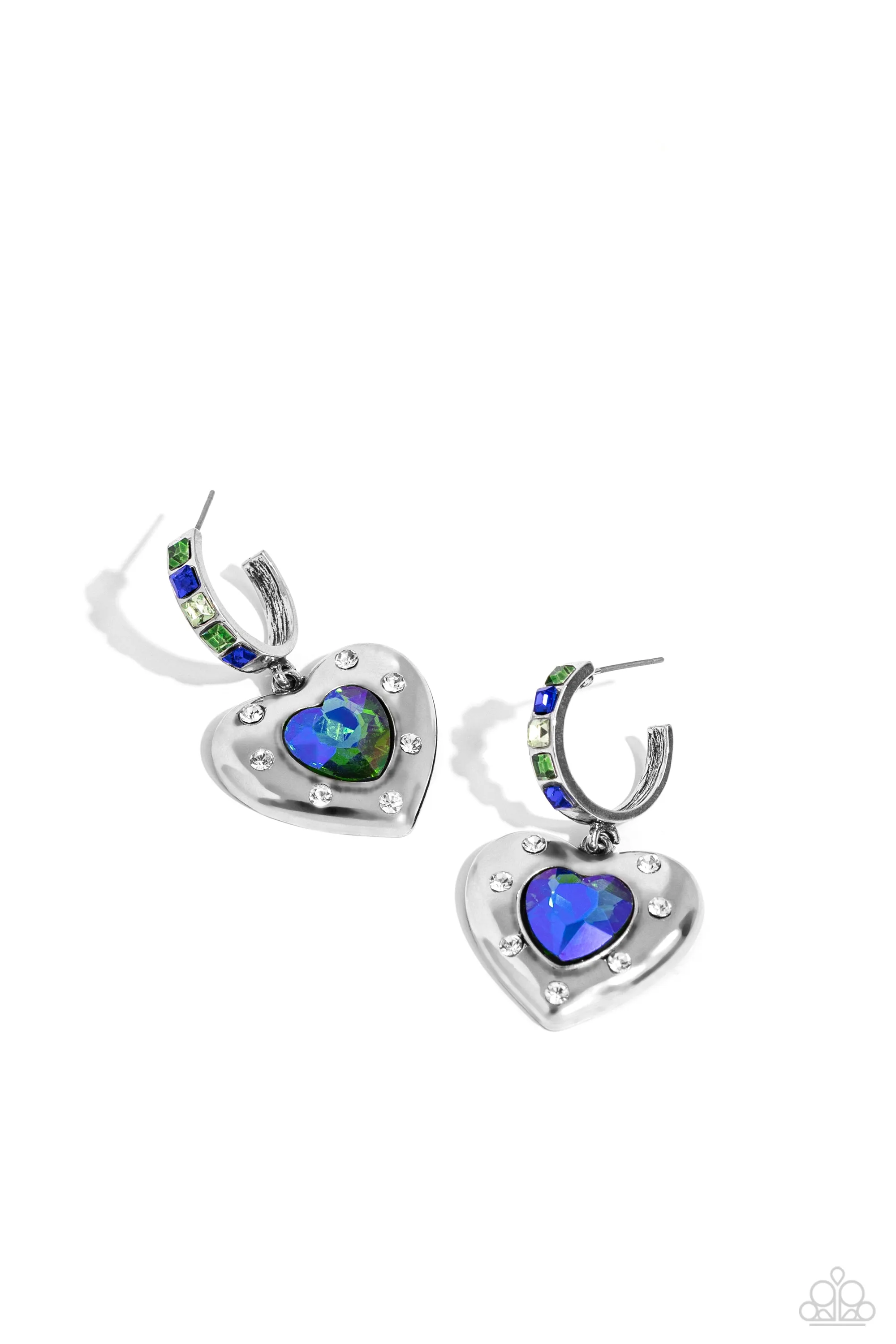 We Are Young - Green - UV Shimmer Heart Gem Paparazzi Drop Hoop Earrings
