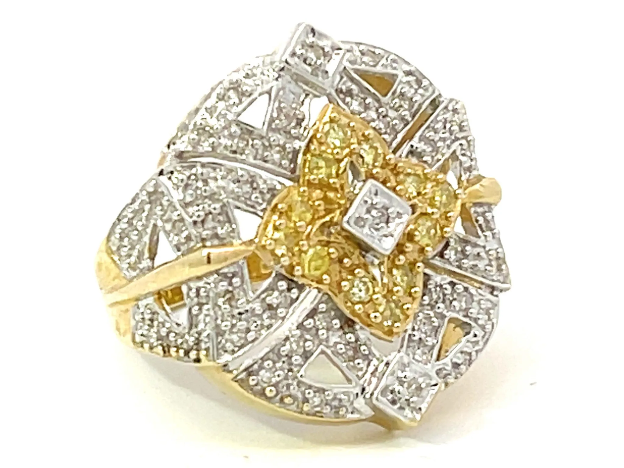 White and Yellow Diamond Geometric Design Ring in 14k Yellow Gold