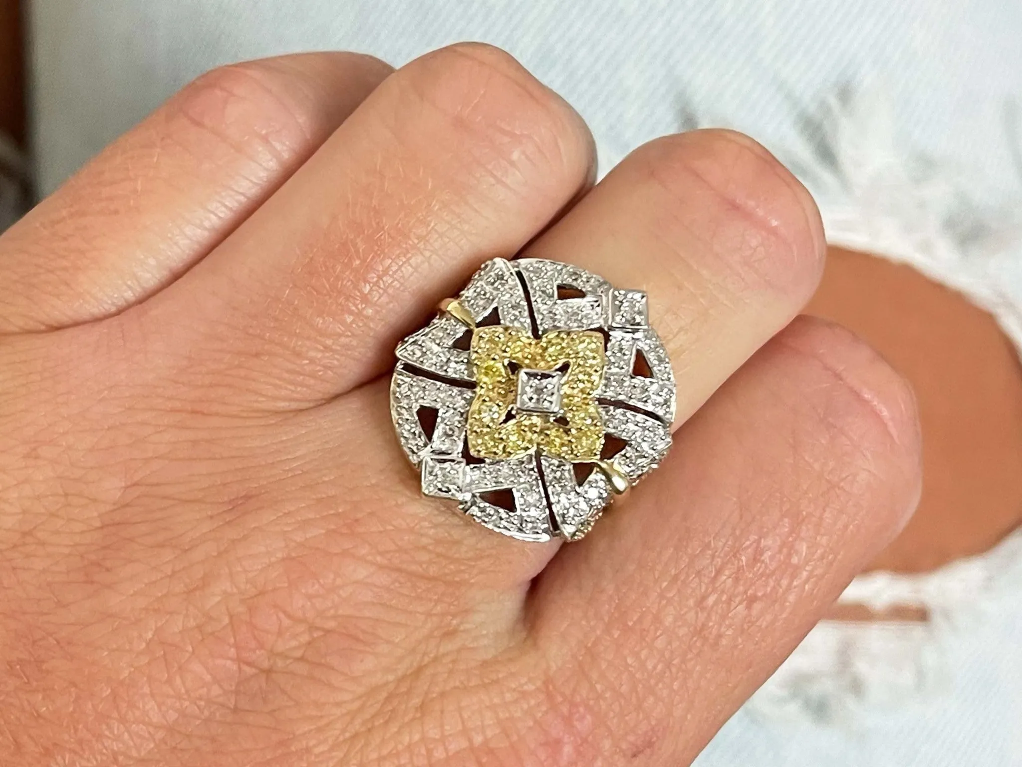White and Yellow Diamond Geometric Design Ring in 14k Yellow Gold