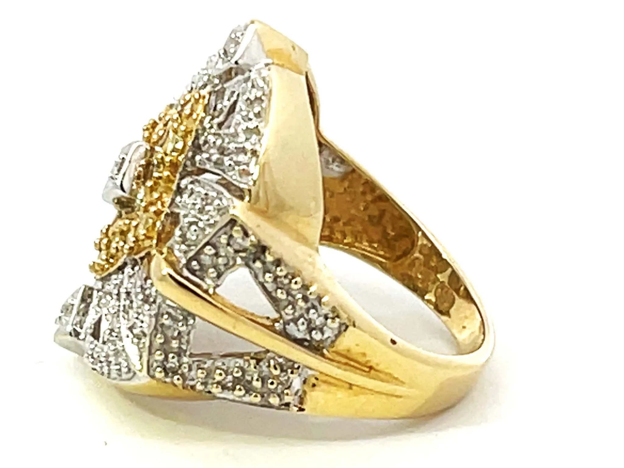 White and Yellow Diamond Geometric Design Ring in 14k Yellow Gold