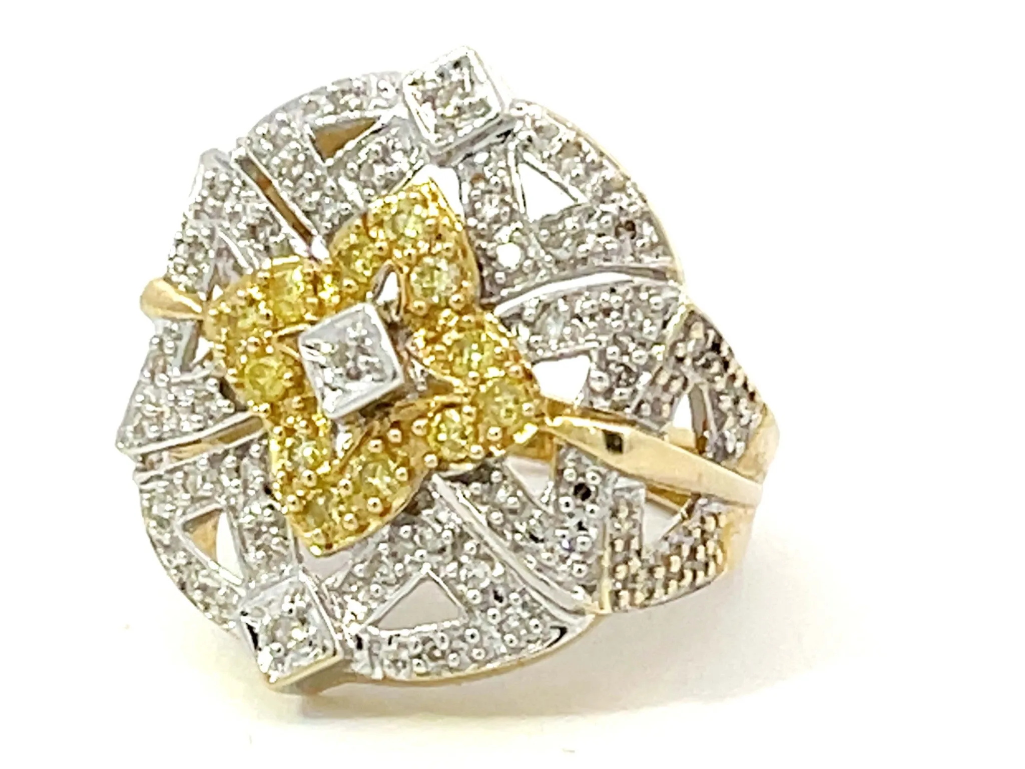 White and Yellow Diamond Geometric Design Ring in 14k Yellow Gold