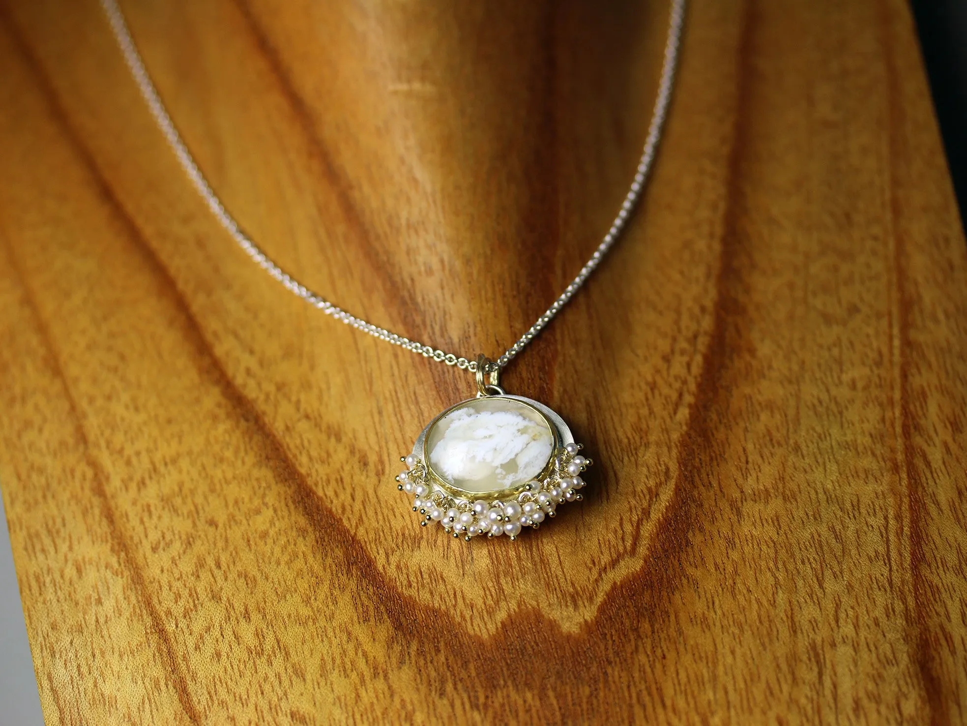 White Plume Agate Necklace. 18k Gold and Silver with Pearl Fringe.