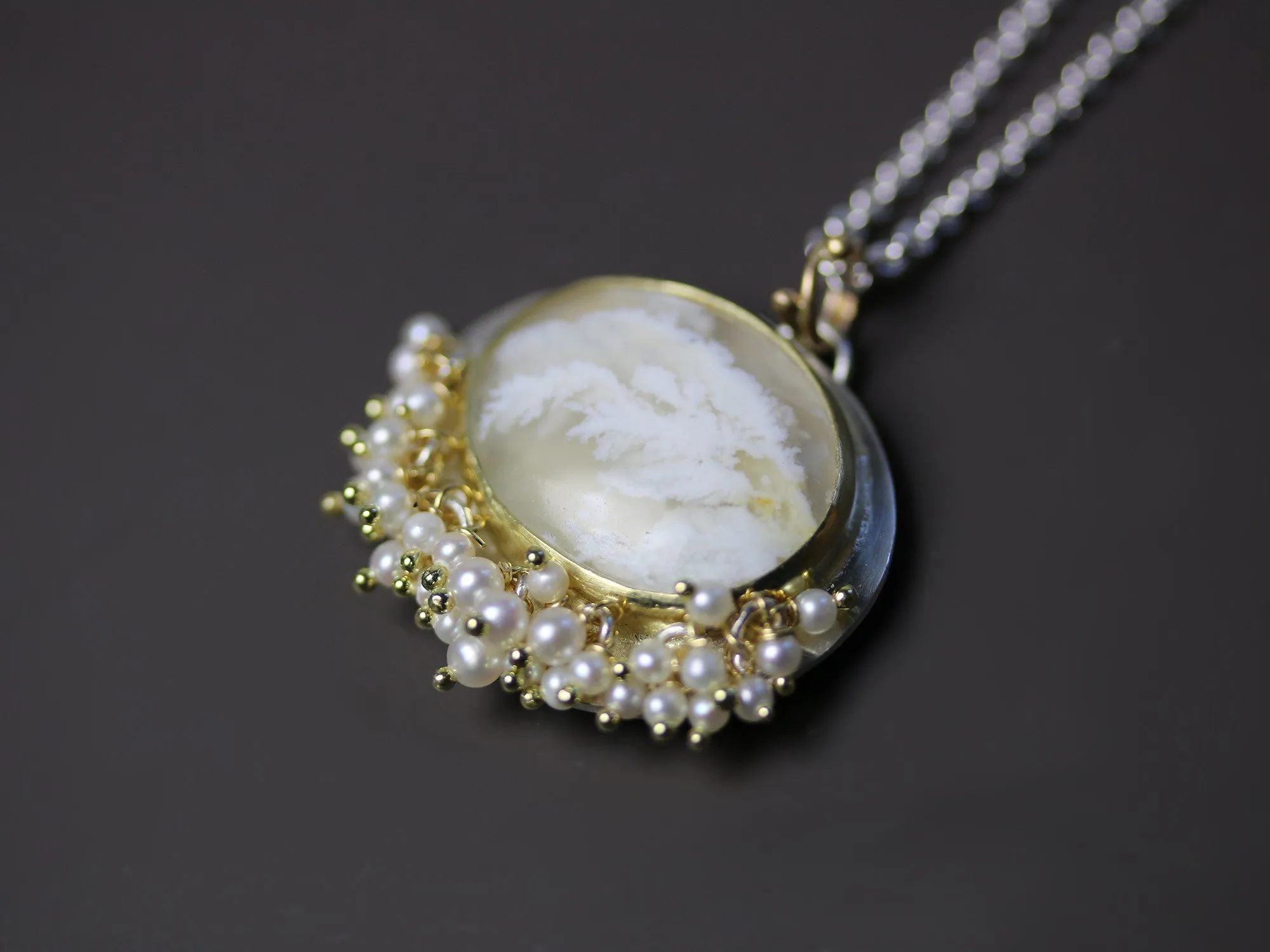 White Plume Agate Necklace. 18k Gold and Silver with Pearl Fringe.