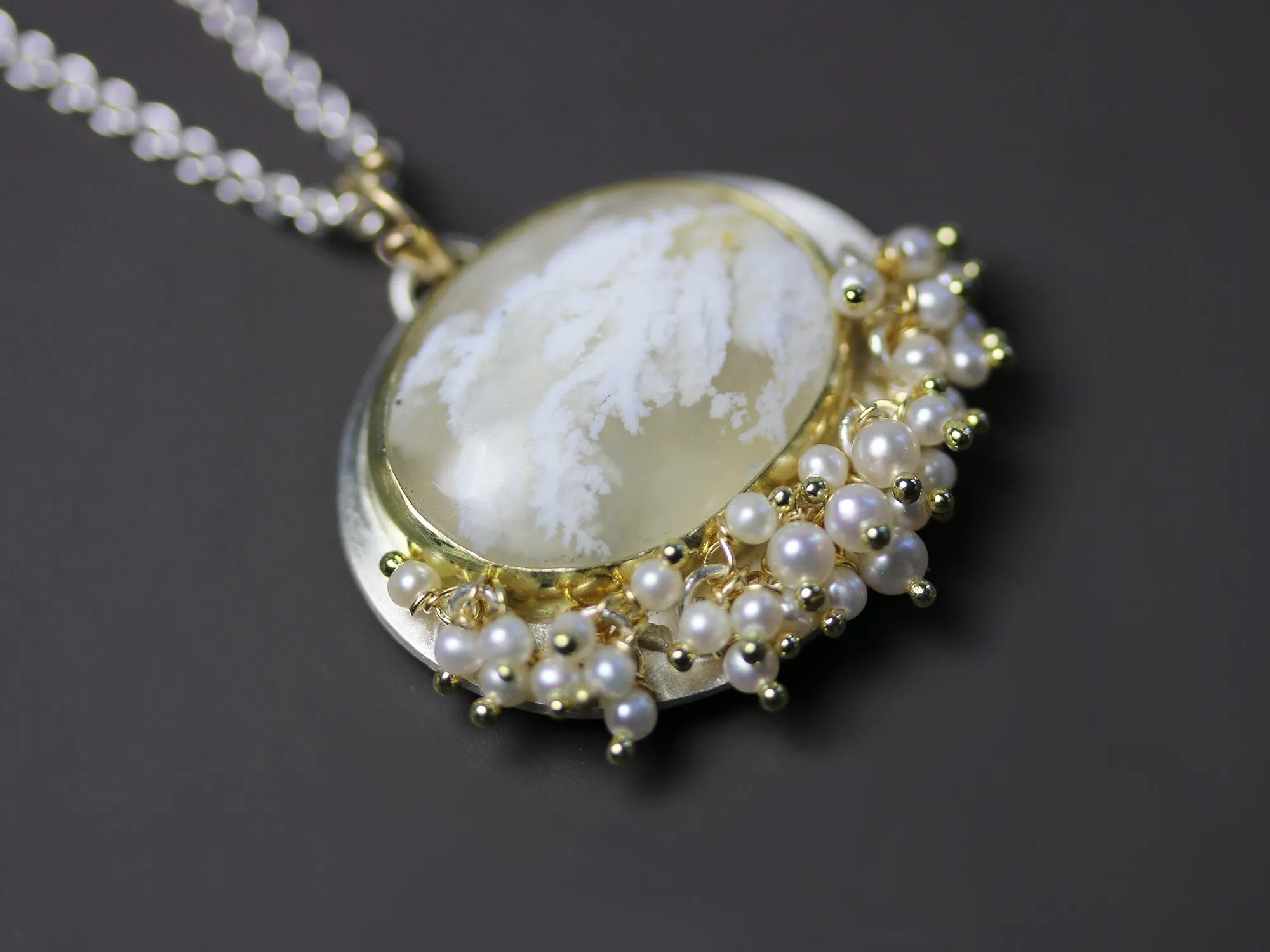 White Plume Agate Necklace. 18k Gold and Silver with Pearl Fringe.