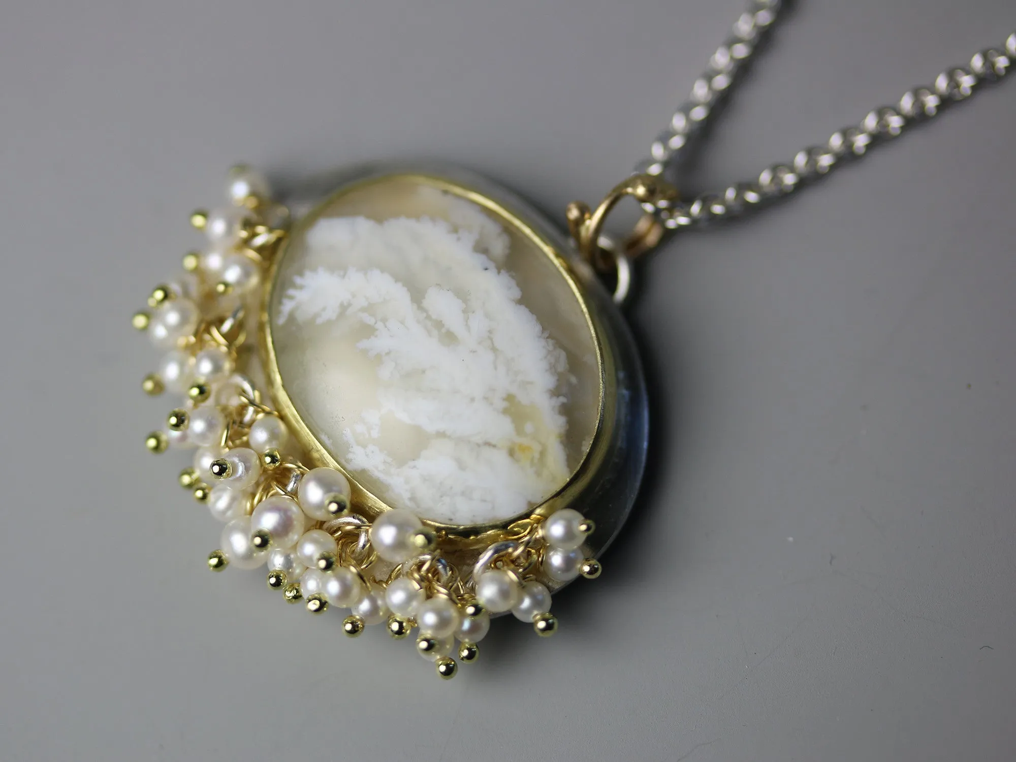 White Plume Agate Necklace. 18k Gold and Silver with Pearl Fringe.