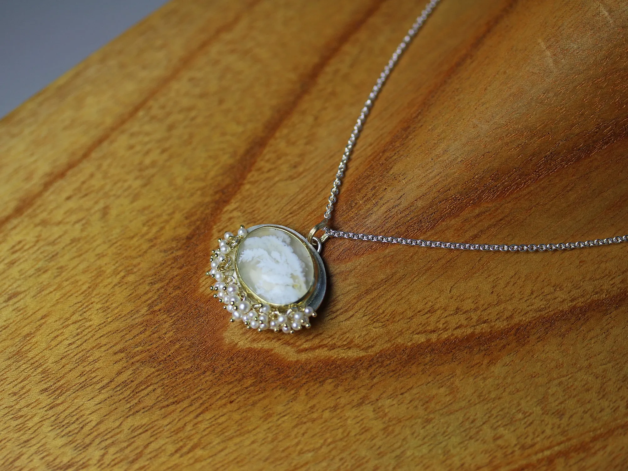 White Plume Agate Necklace. 18k Gold and Silver with Pearl Fringe.