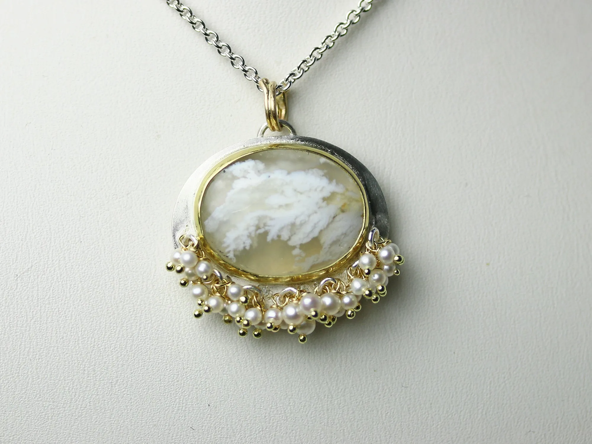 White Plume Agate Necklace. 18k Gold and Silver with Pearl Fringe.