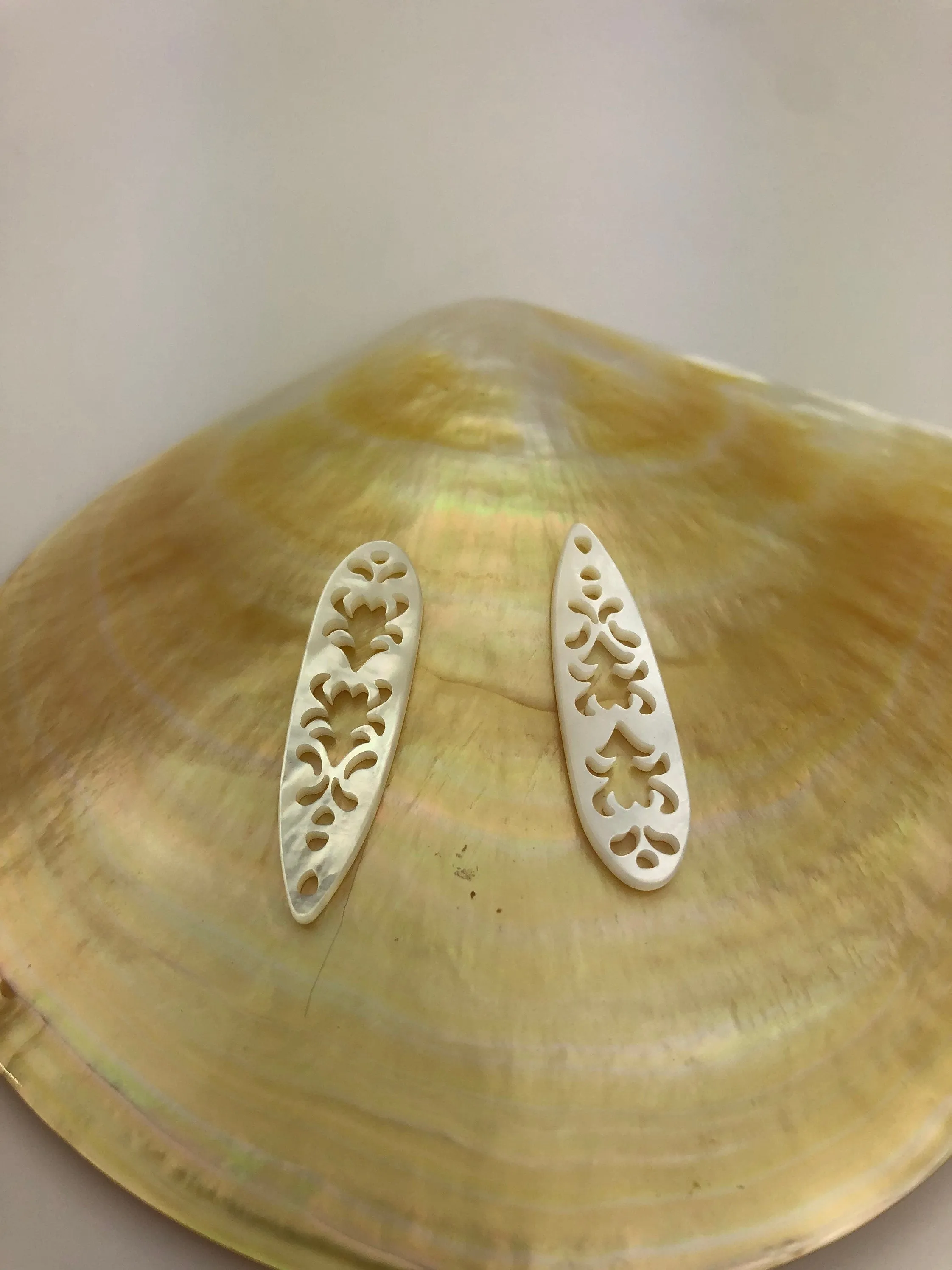 White South Sea Mother of Pearl Carved Surfboard  M233