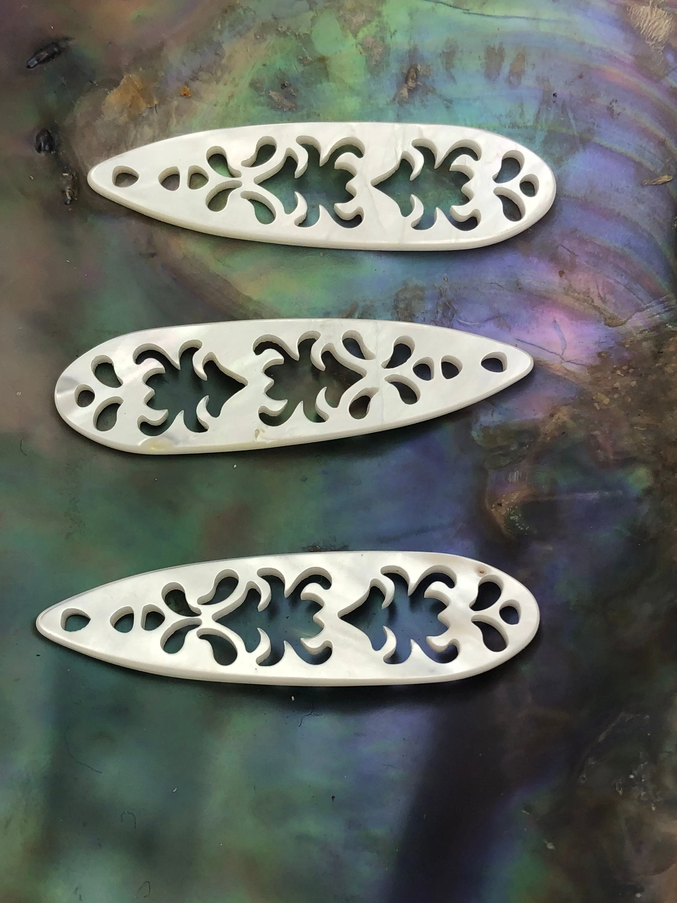 White South Sea Mother of Pearl Carved Surfboard  M233
