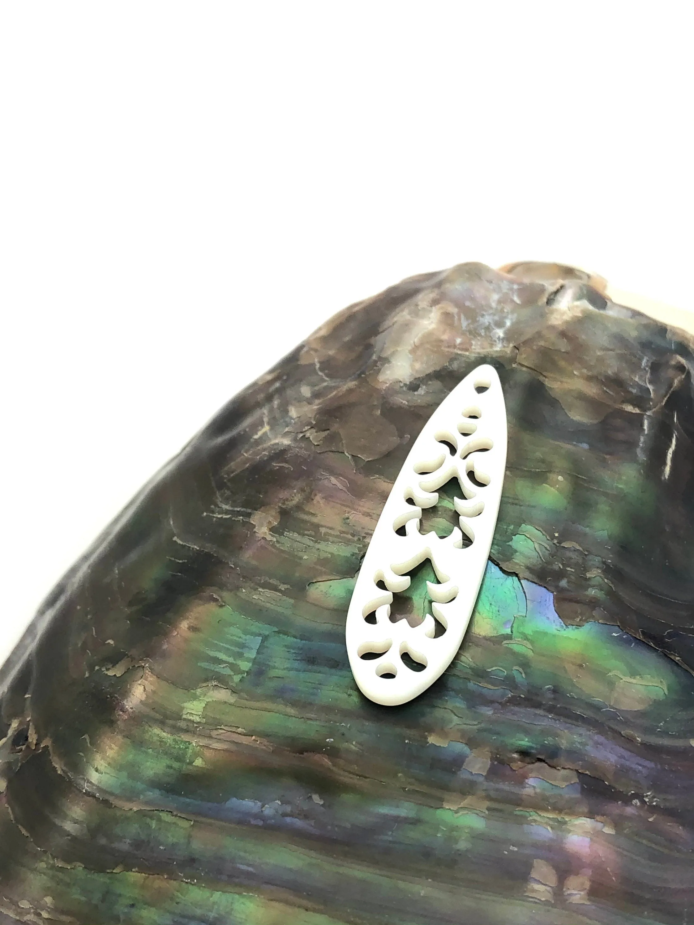 White South Sea Mother of Pearl Carved Surfboard  M233