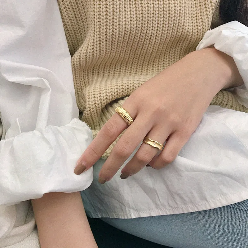 XIYANIKE Silver Color  Party Rings for Women France Simple Gold Plated Wave Pattern Creative Design Bride Jewelry Gifts