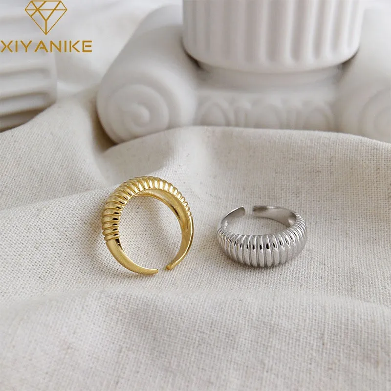 XIYANIKE Silver Color  Party Rings for Women France Simple Gold Plated Wave Pattern Creative Design Bride Jewelry Gifts