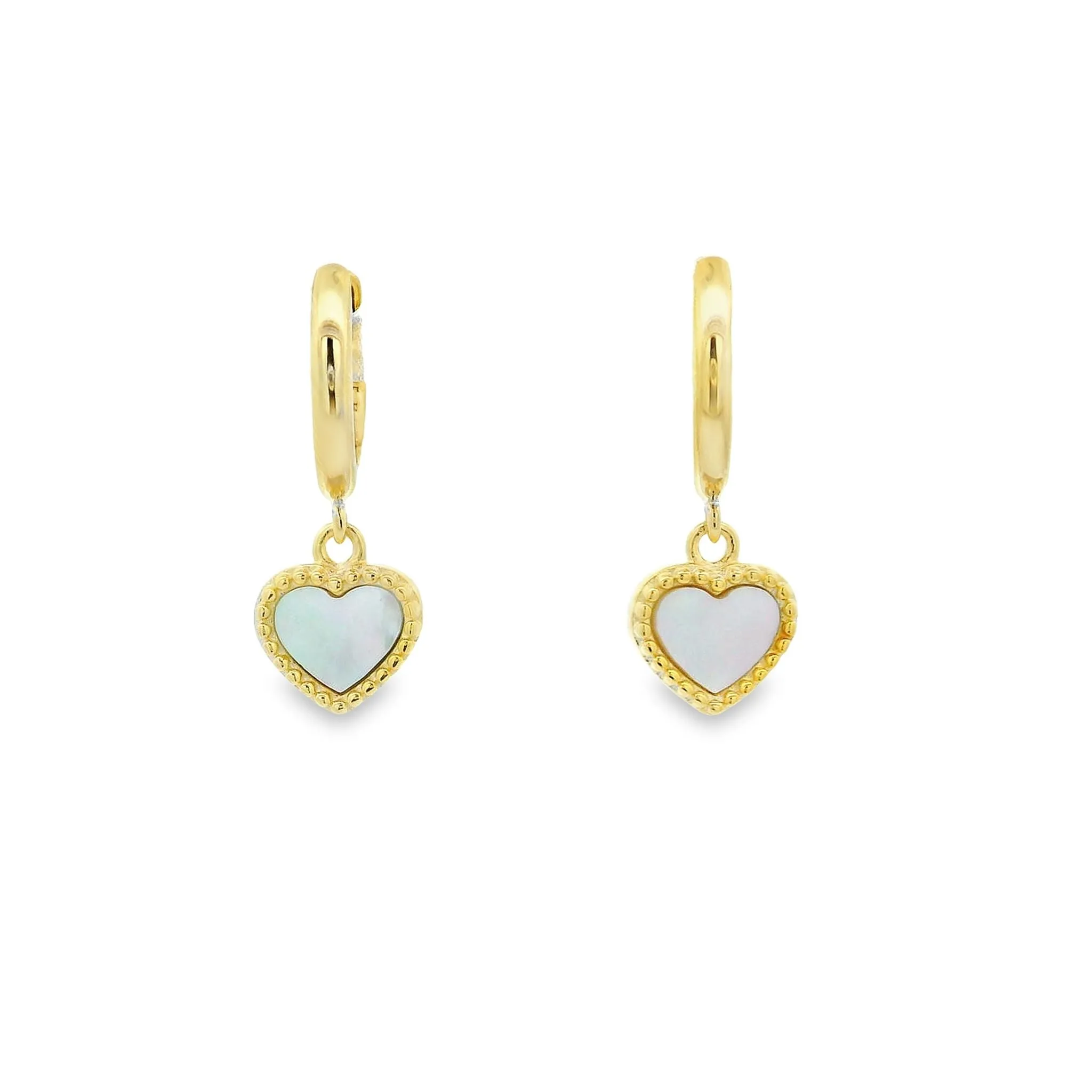 Yellow Gold Plated Mother of Pearl Beaded Heart Drop Earrings