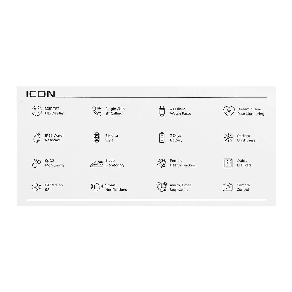 Zero 1.38" TFT HD Display Icon Smart Watch, IP68 Water Resistant, Jet Black