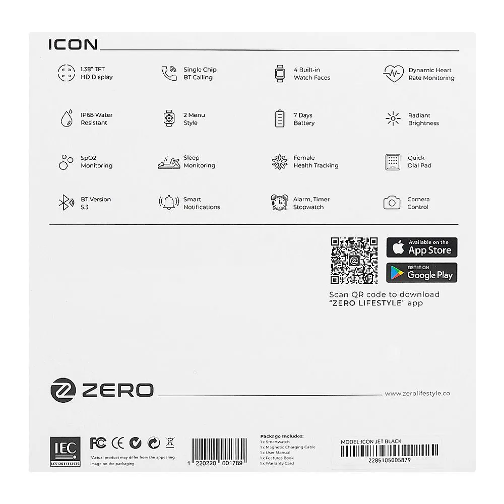 Zero 1.38" TFT HD Display Icon Smart Watch, IP68 Water Resistant, Jet Black