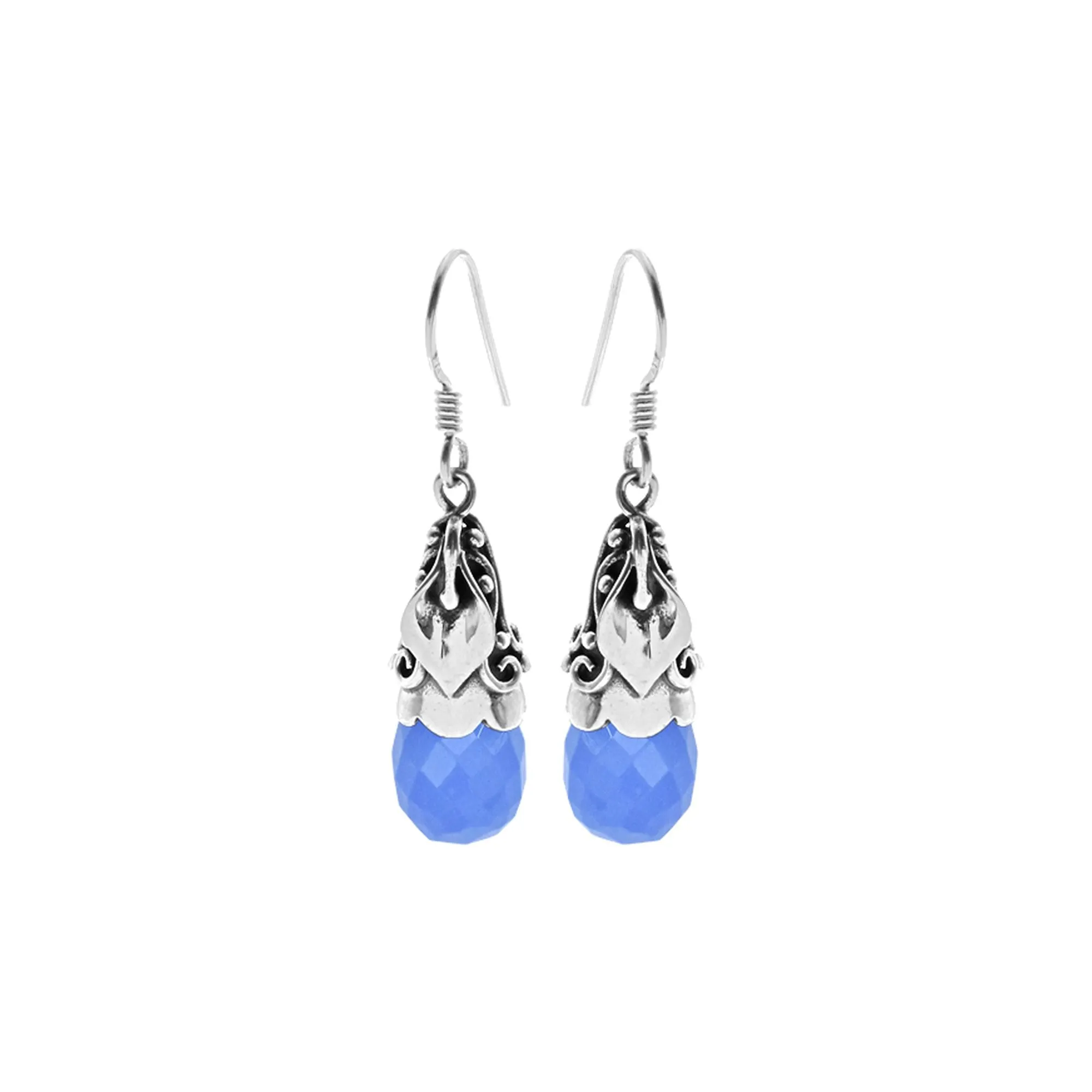 Zora ornate capped blue chalcedony earrings